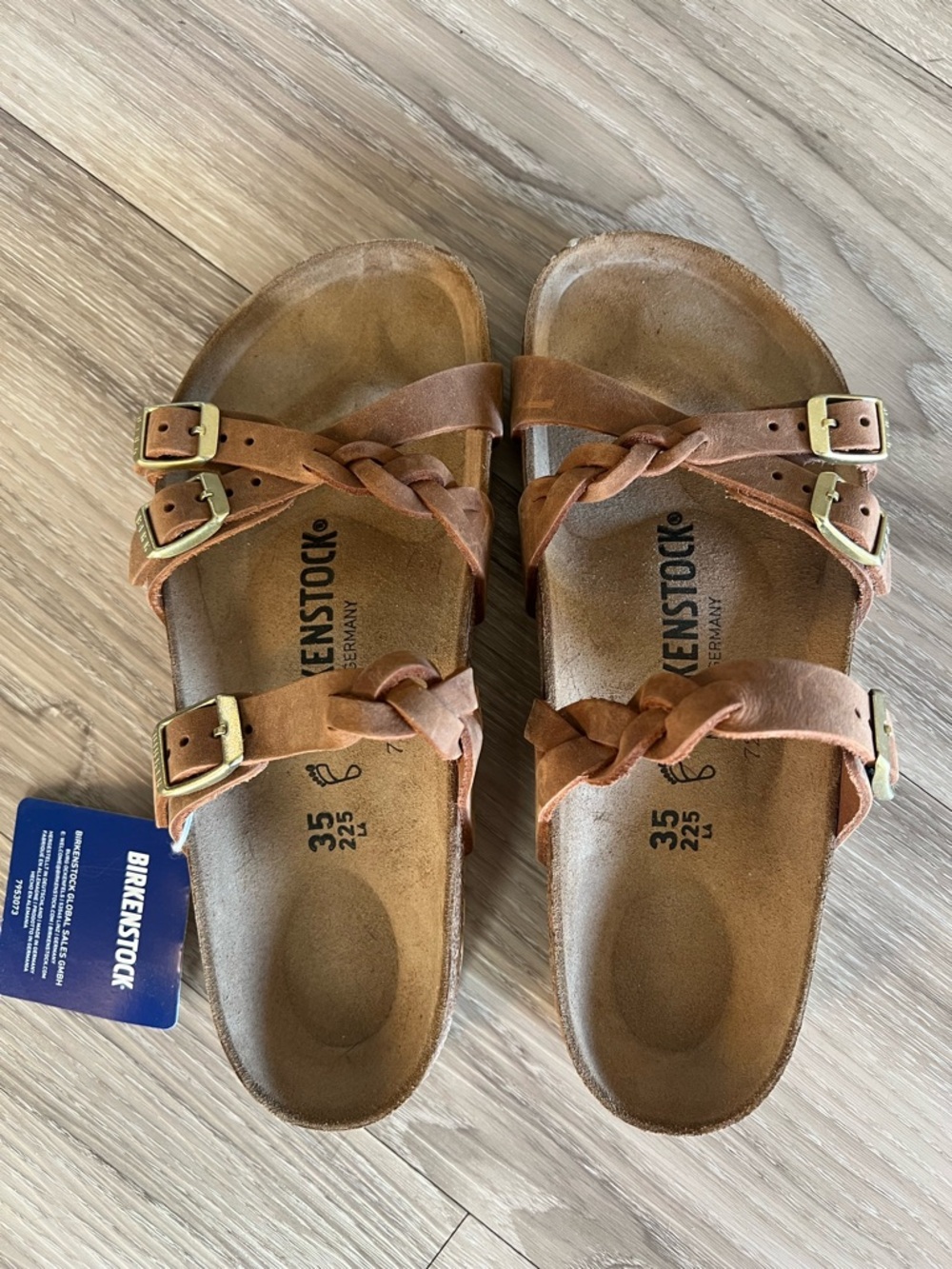 Birkenstock Tan Braided Leather Double Buckle Slides